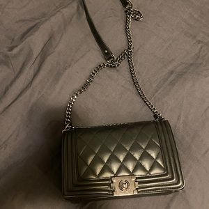 Black on black quilted crossbody bag with chain